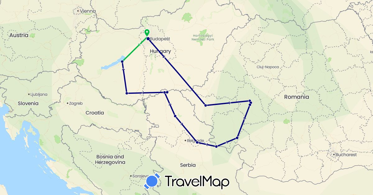TravelMap itinerary: driving, bus in Hungary, Romania, Serbia (Europe)